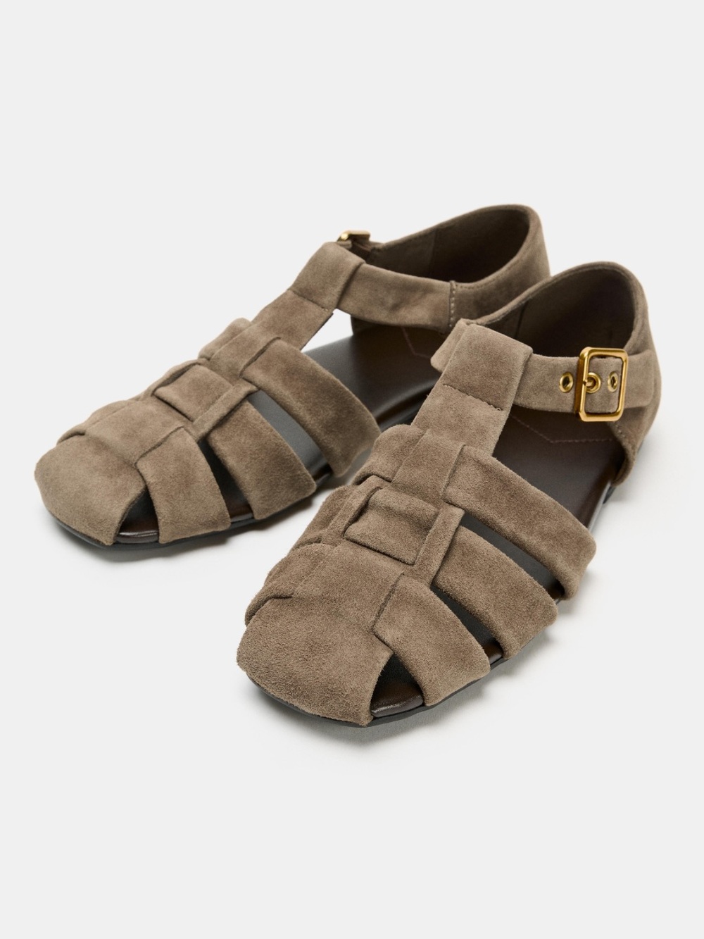 ZARA sandy brown suede fisherman sandals feature a classic caged strap design